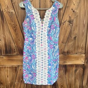 Lilly Pulitzer Blue & Pink Paisley Mini Dress with White Crochet Panel